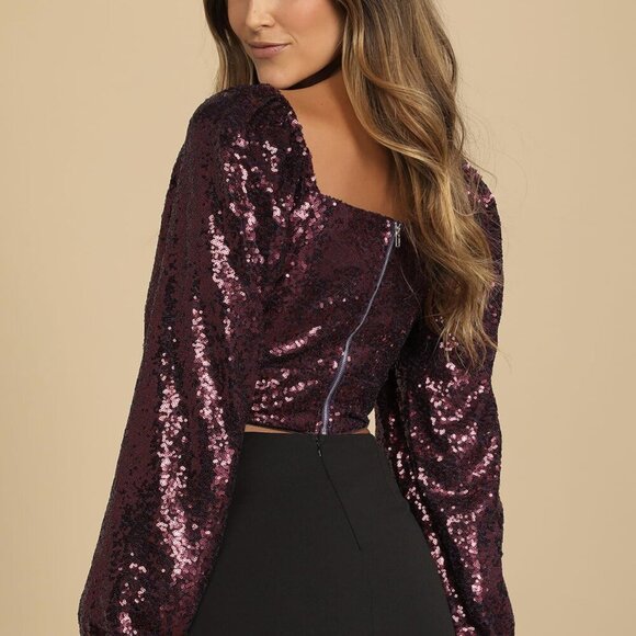 NWT Lulus Sequin of Events Purple Sequin Surplice Long Sleeve Crop Top - Picture 4 of 8